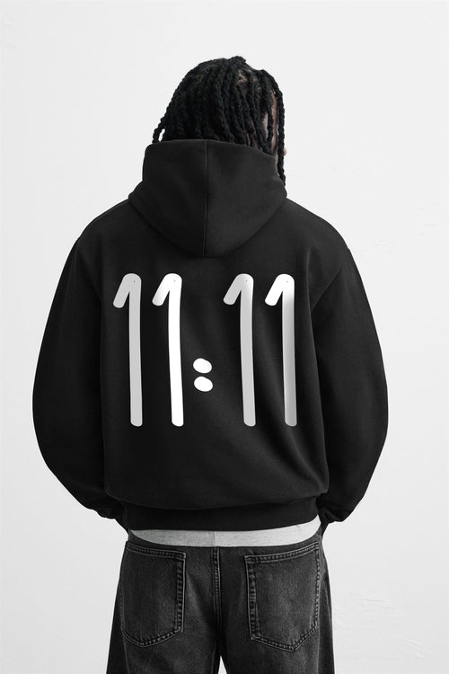 11:11 UNISEX BLACK OVERSIZED HOODIE