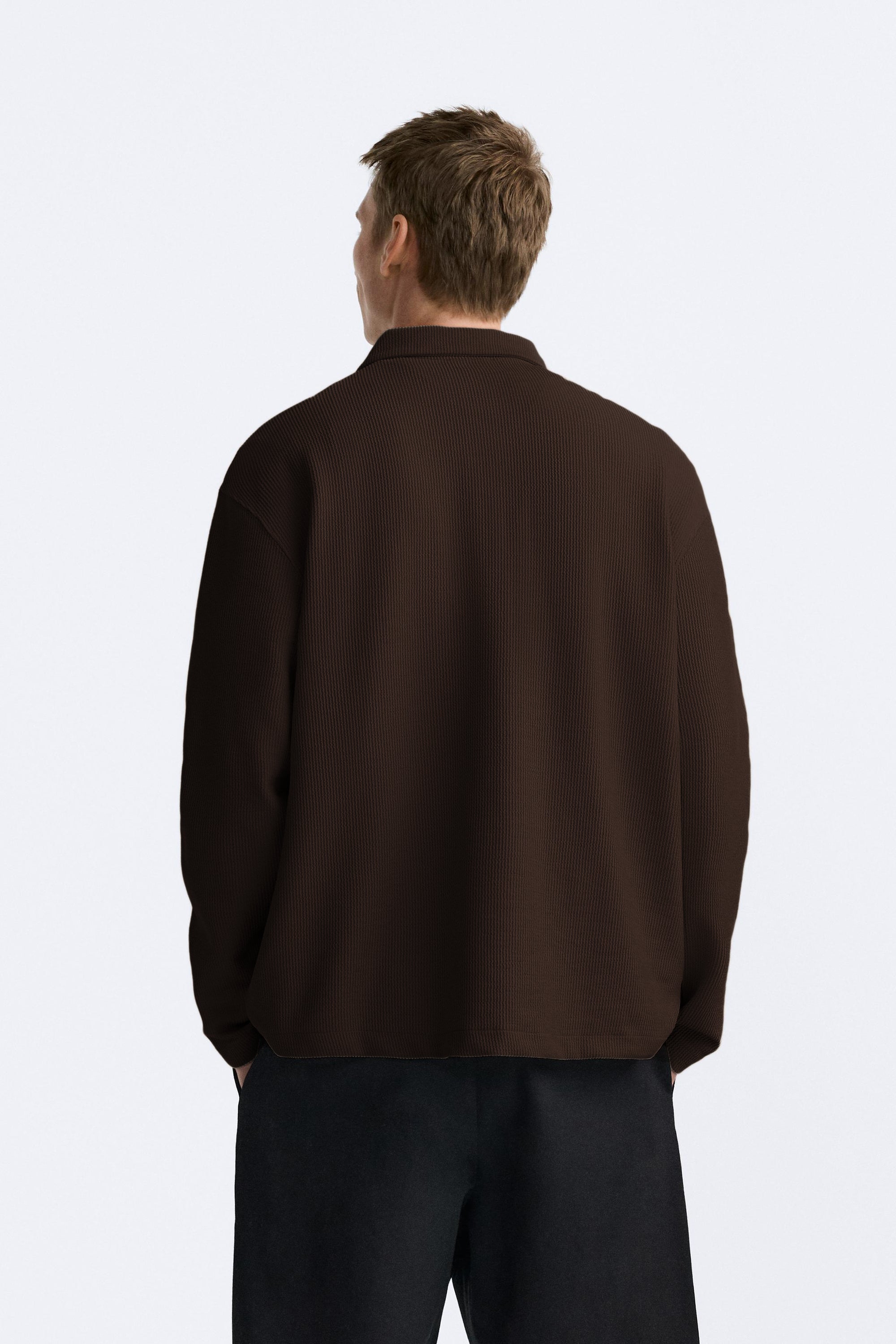 CAMEL CORD TEXTURED LONG SLEEVE POLO SHIRT