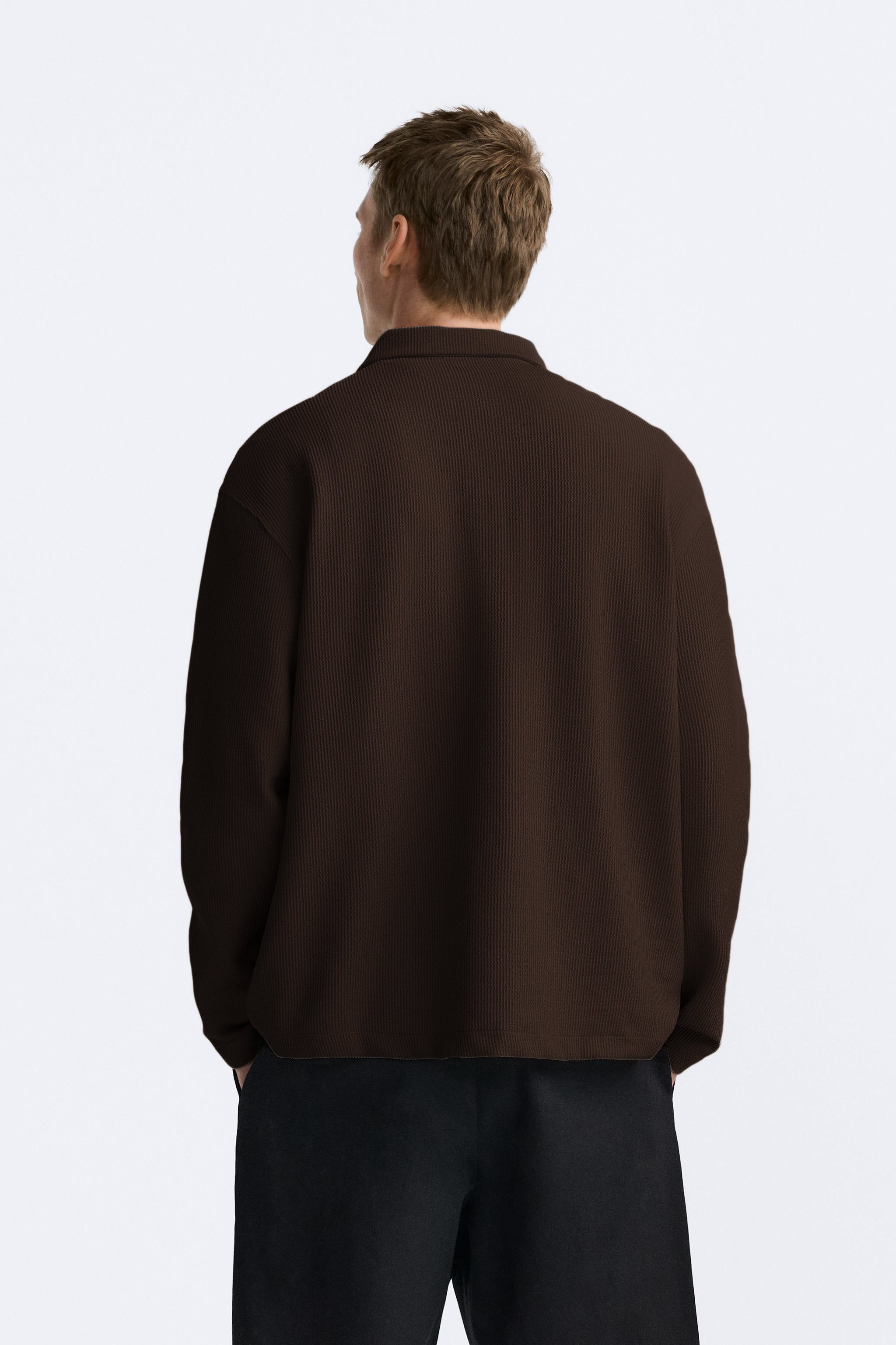 CAMEL CORD TEXTURED LONG SLEEVE POLO SHIRT
