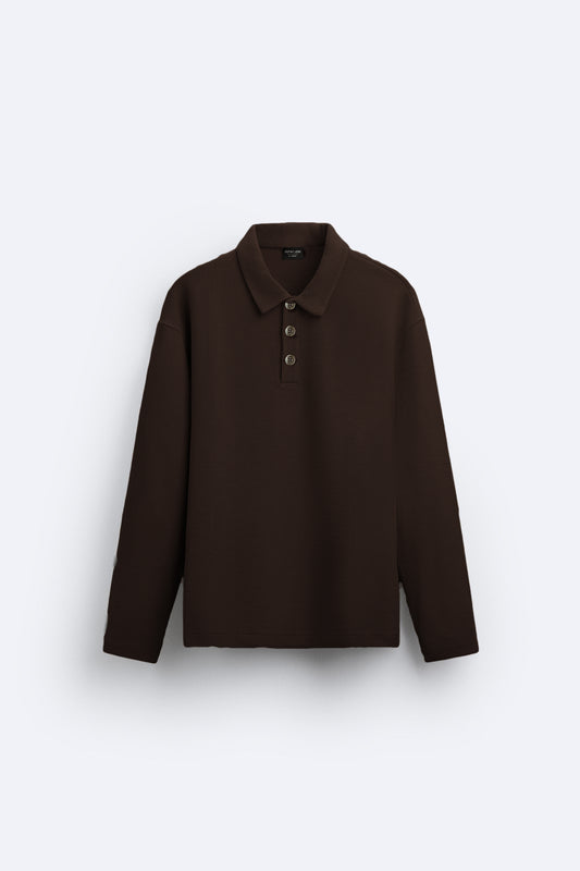 CAMEL CORD TEXTURED LONG SLEEVE POLO SHIRT