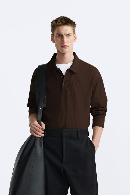 CAMEL CORD TEXTURED LONG SLEEVE POLO SHIRT