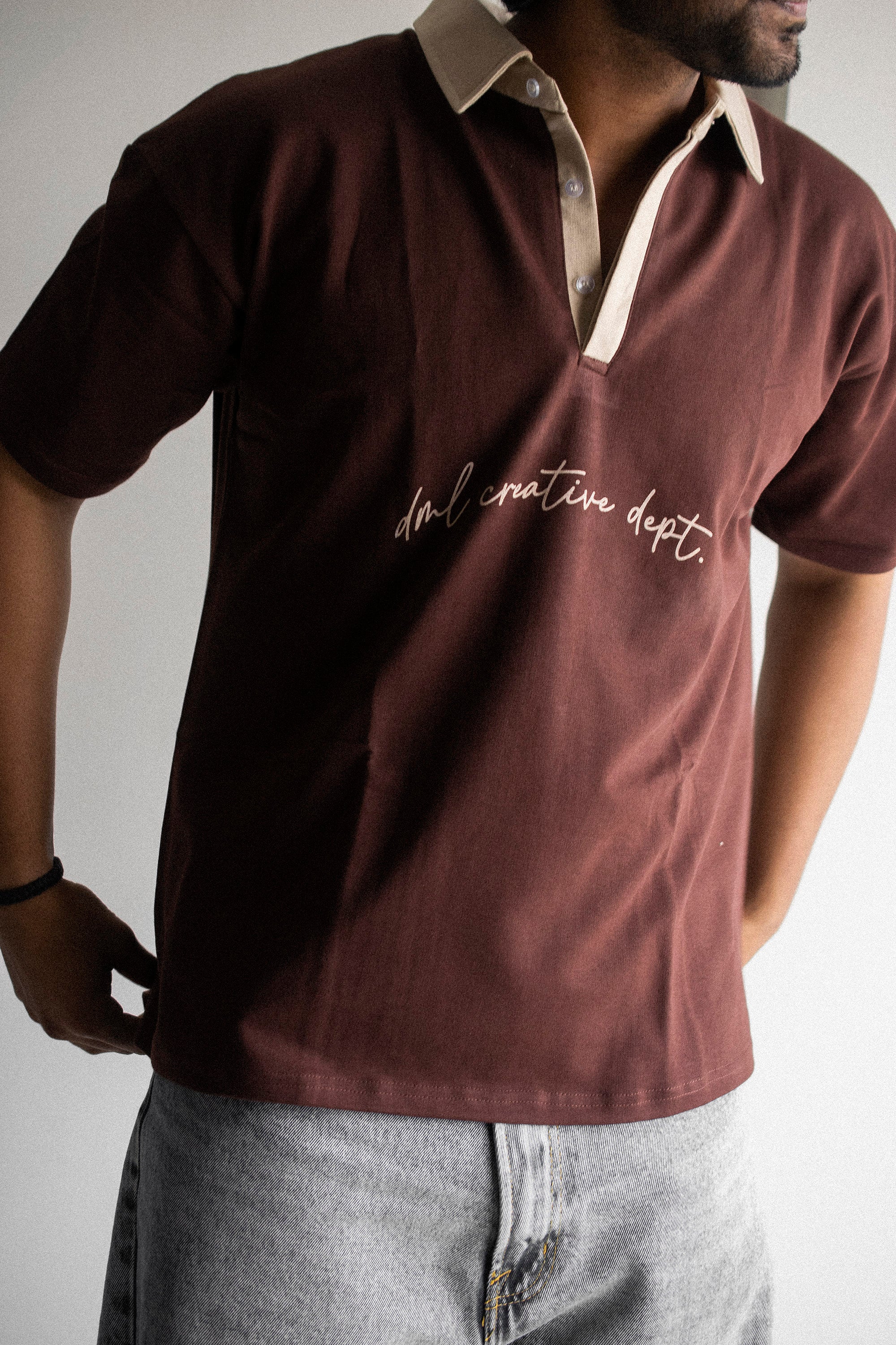 CONTRAST BROWN OPERATION DRIFT FRENCH TERRY OVERSIZED POLO SHIRT