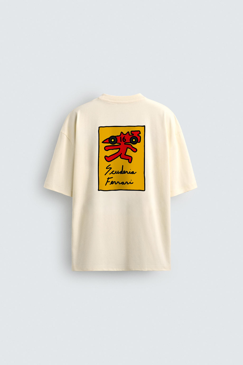 Beige t-shirt with a yellow square graphic and text on a light gray background