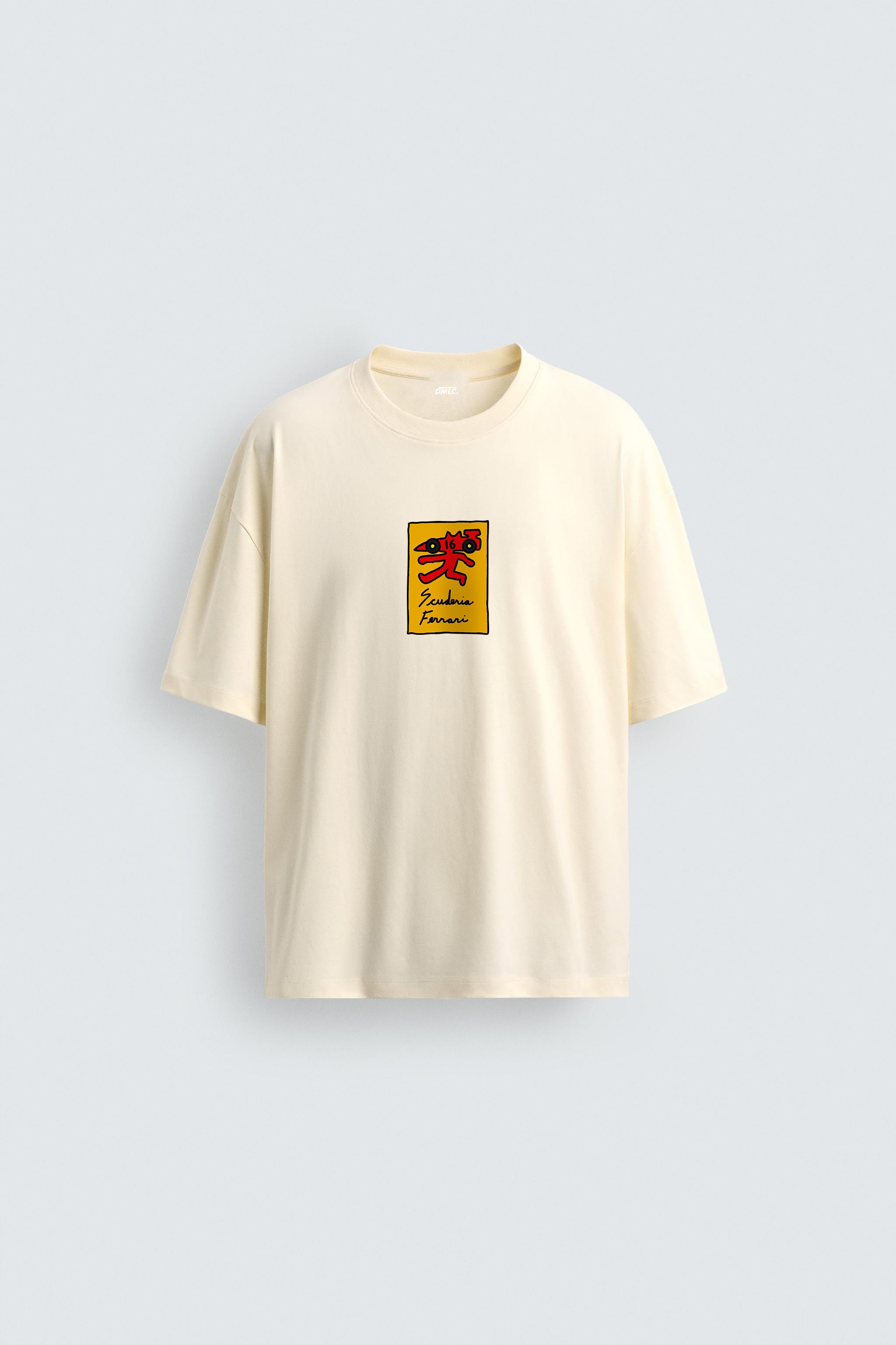Beige t-shirt with a graphic design on a light gray background