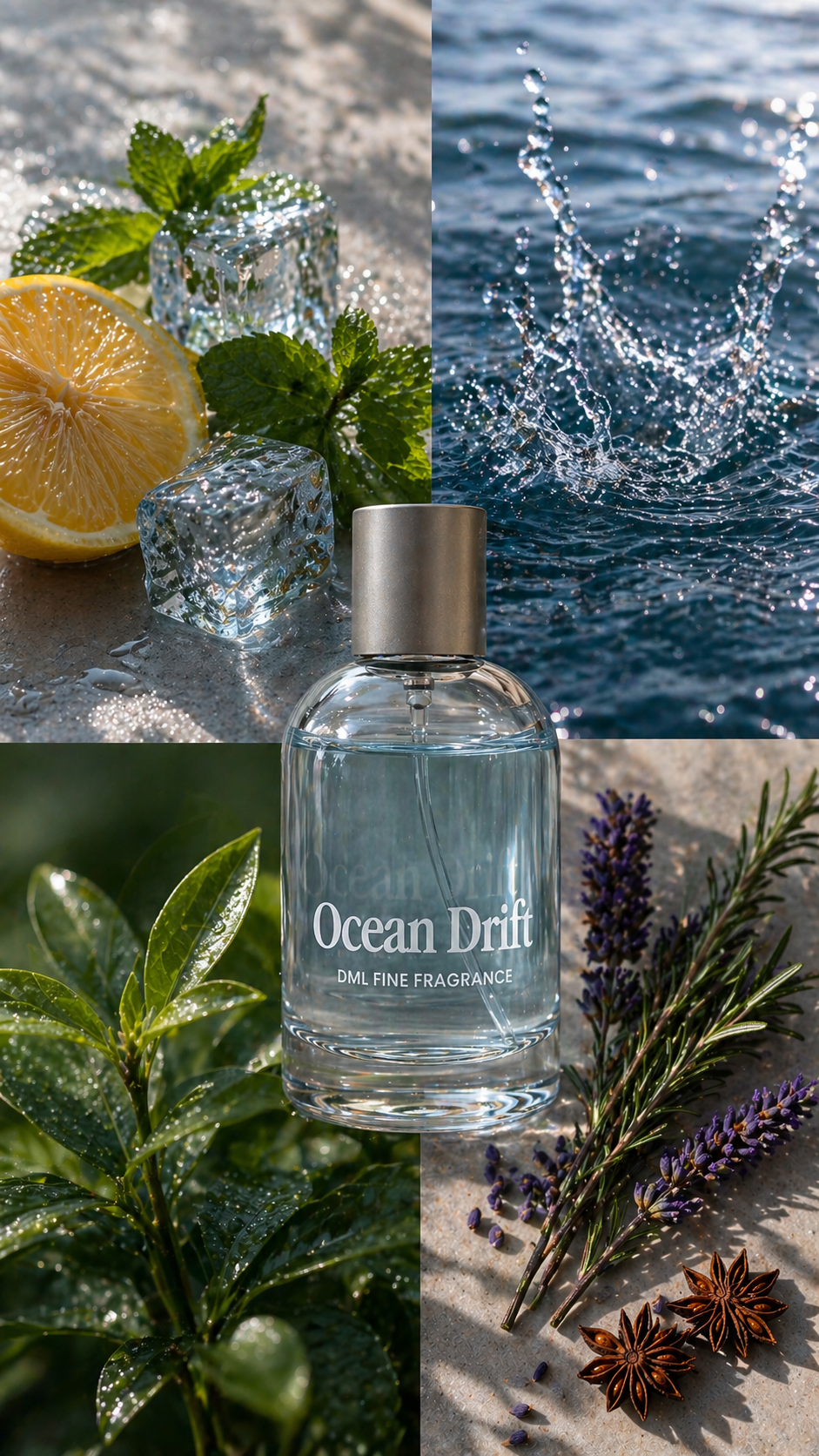 Collage of 'Ocean Drift' perfume bottle with nature elements like lemon, mint, water, and herbs.