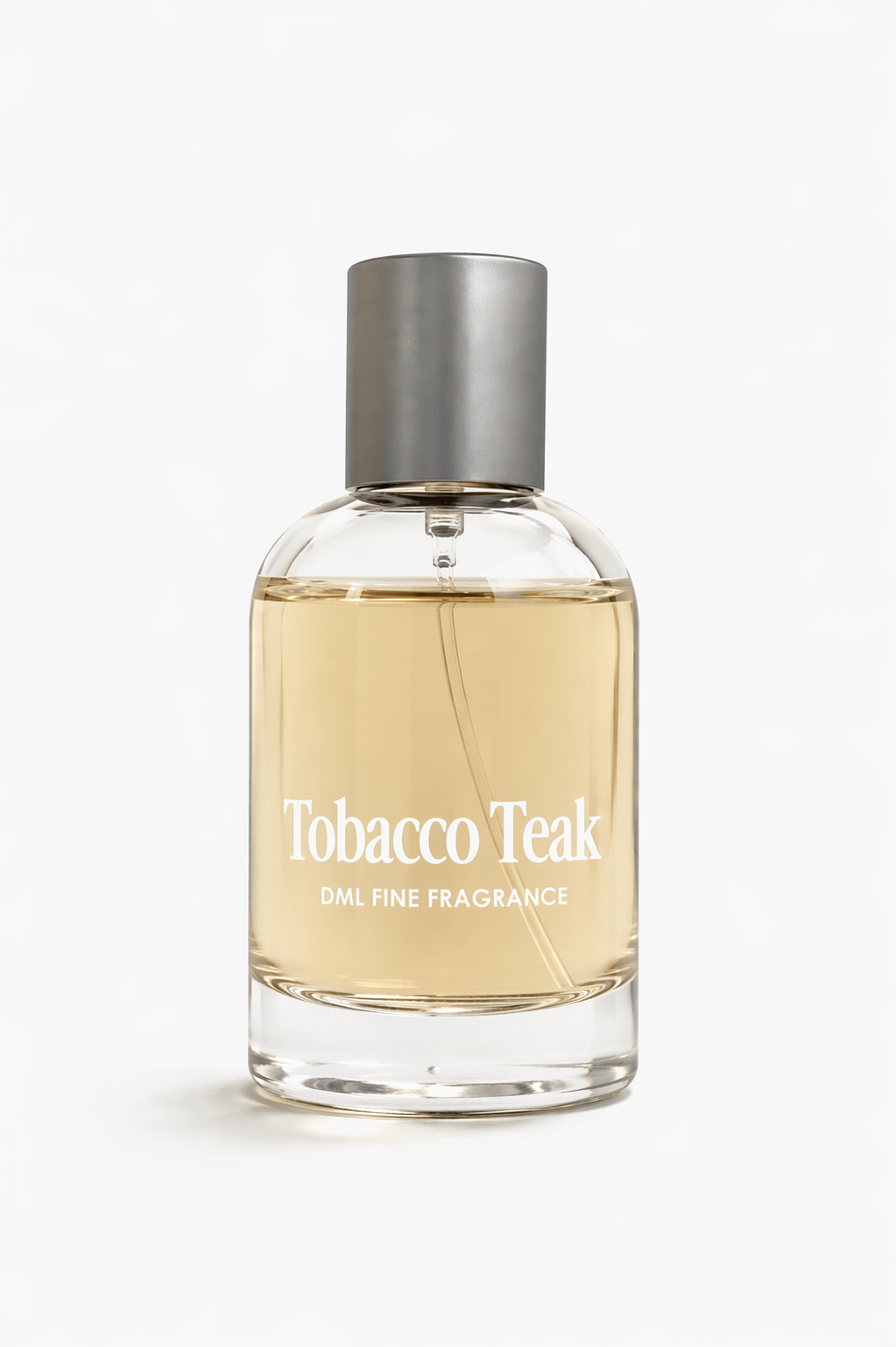 Perfume bottle labeled 'Tobacco Teak' on a white background