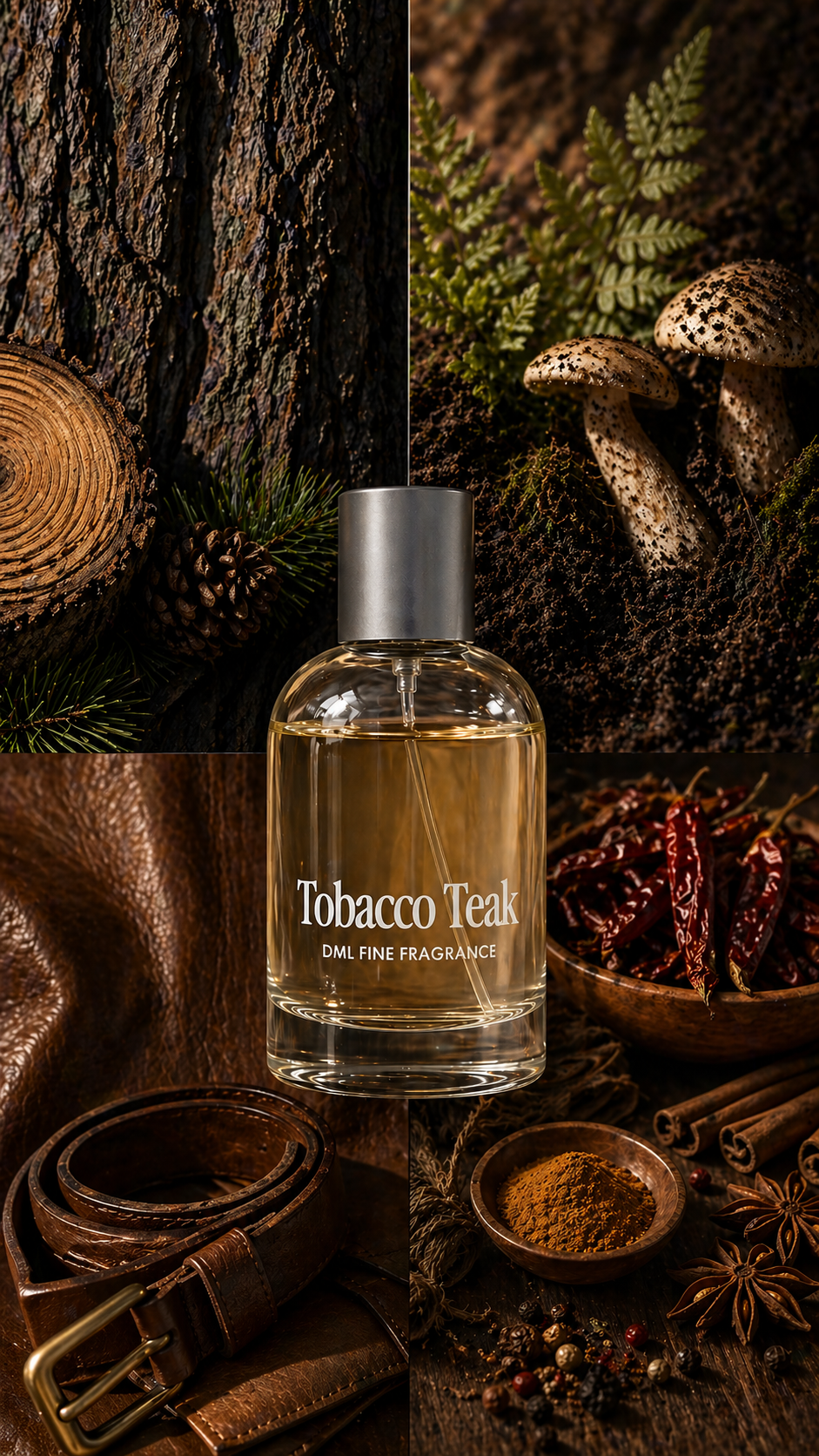 Tobacco Teak fragrance bottle surrounded by natural elements like wood, leaves, and spices.