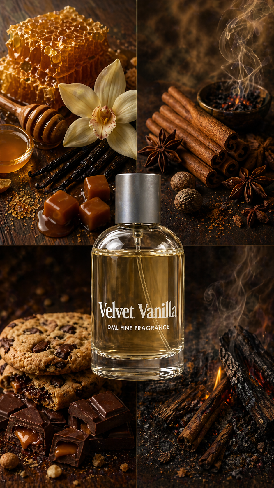 Collage of 'Velvet Vanilla' perfume bottle with vanilla flower, cinnamon sticks, and chocolate cookies.