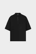 SUPER BLACK SOFT PIQUE KNIT OVERSIZED ZIP POLO SHIRT