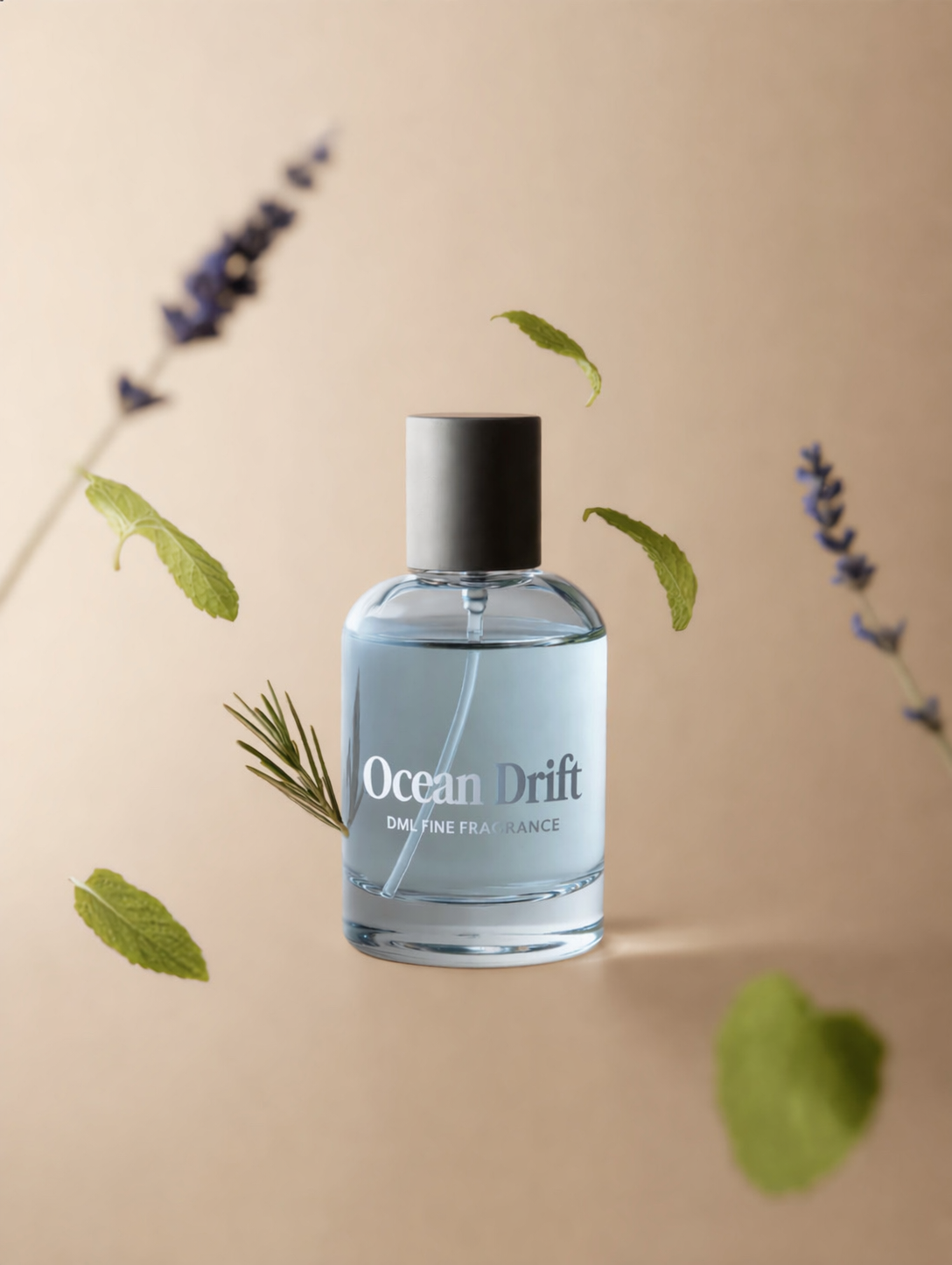 Ocean Drift perfume bottle with lavender and green leaves on a beige background