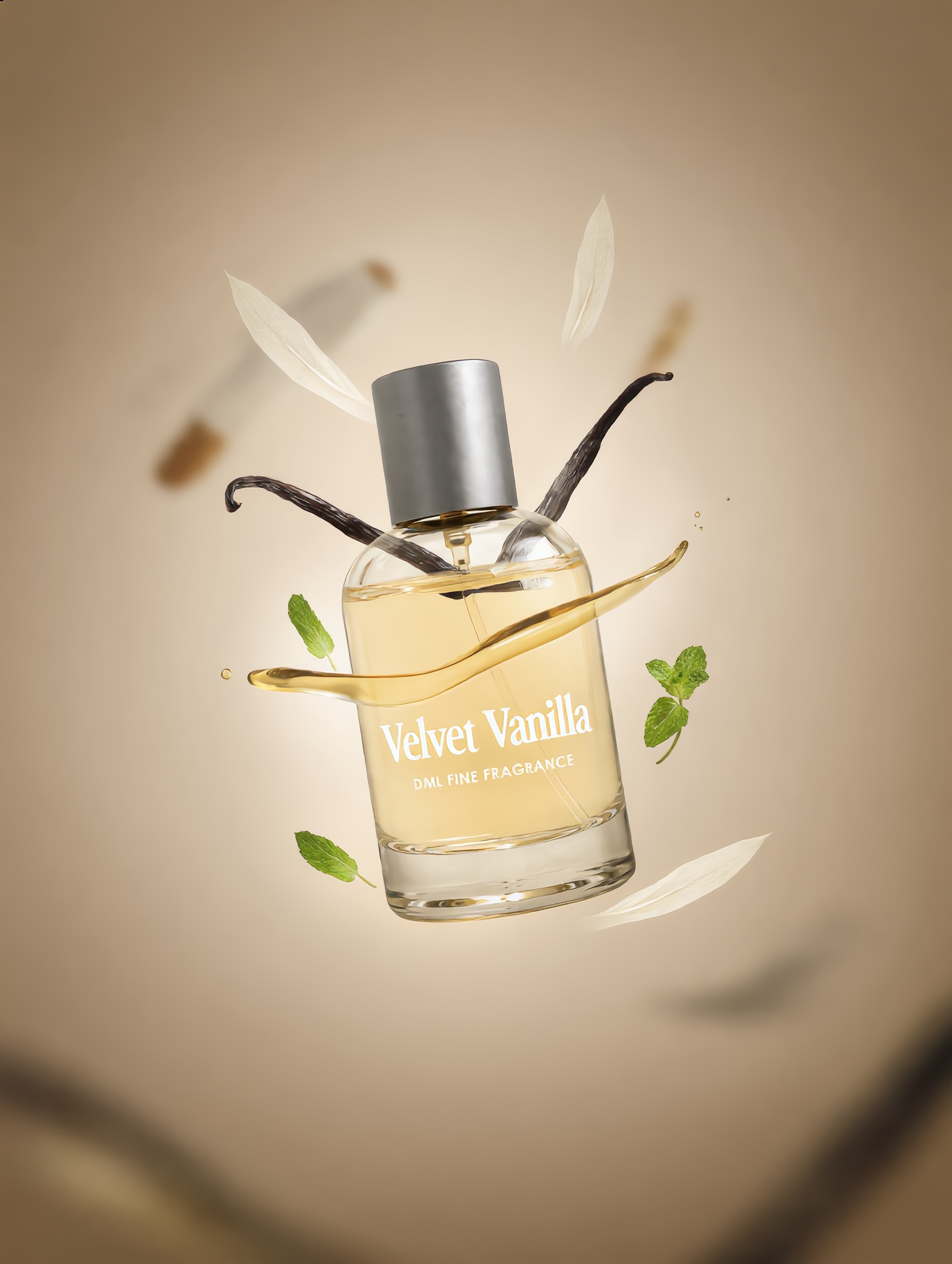 Bottle of Velvet Vanilla perfume with vanilla beans and leaves on a beige background