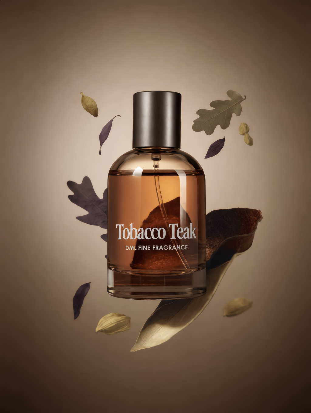 Bottle of Tobacco Teak fragrance with leaves on a beige background