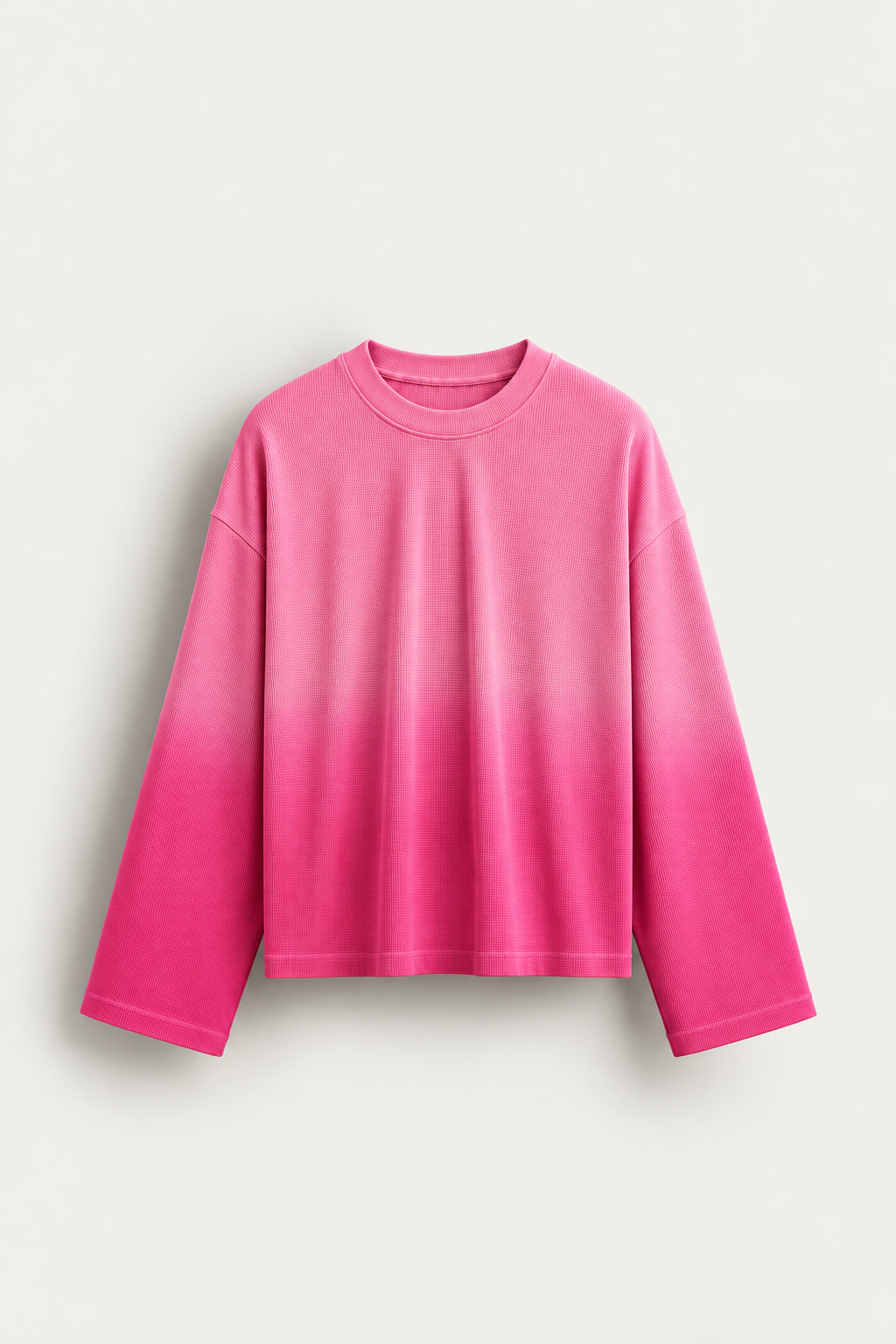 FUSHSIA OMBRE WAFFLE BOXY FIT FULL SLEEVE TSHIRT